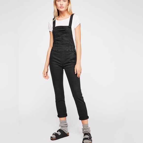 Free People Overalls Skinny Ankle Sz 24 Washed Denim Black Eclipse - Picture 1 of 7